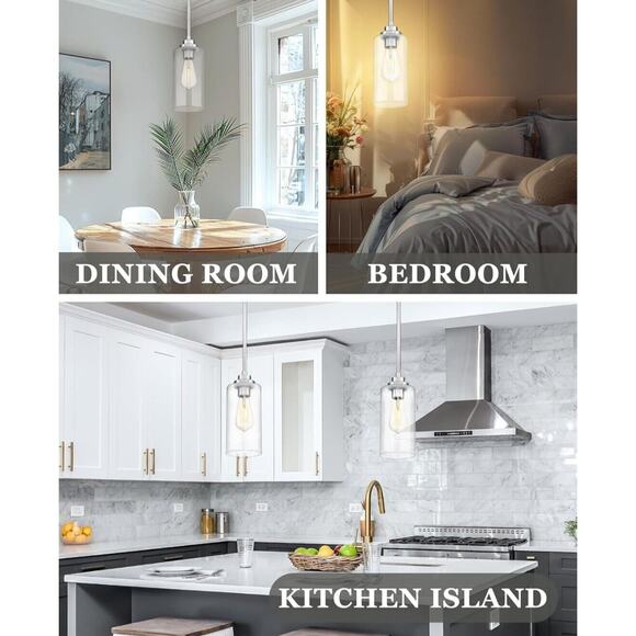 Pendant Light Fixture Brushed Nickel Clear Glass, Kitchen Dining Room Bedroom - Picture 6 of 7